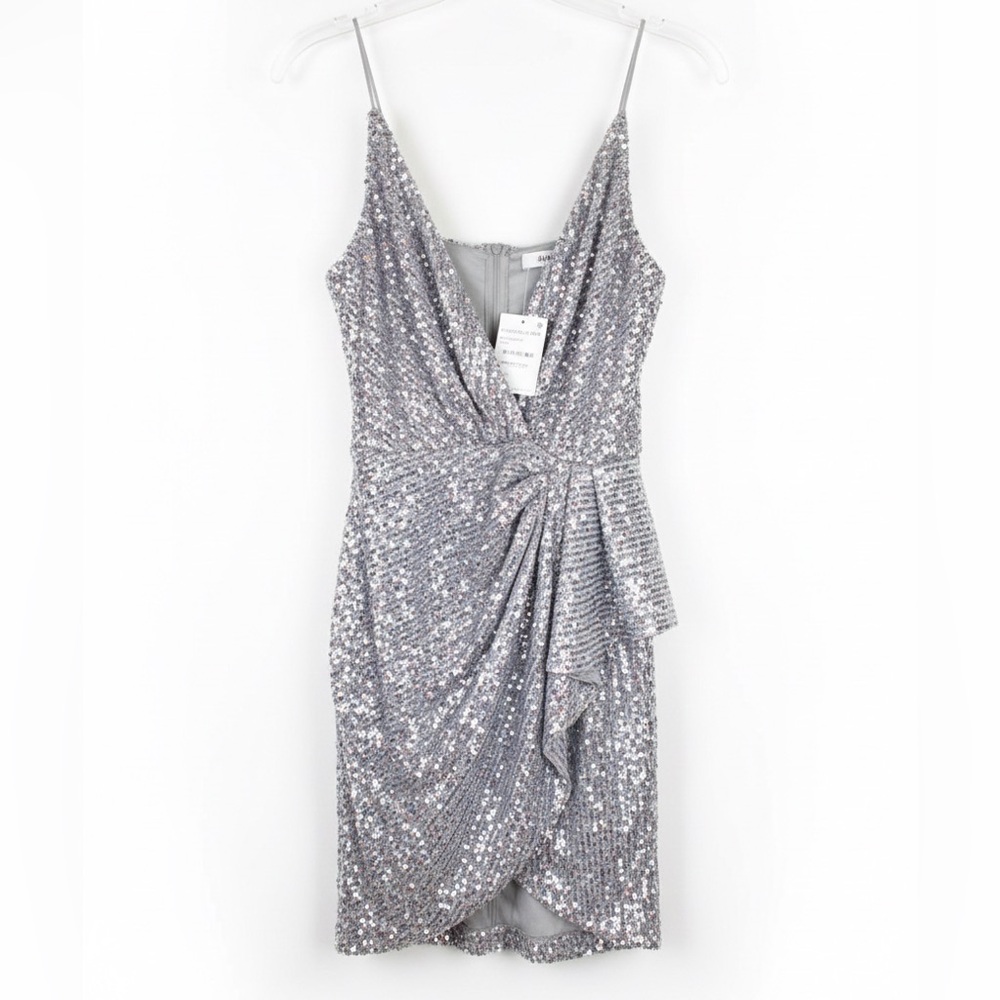 NWT AREA Women’s Silver Sequin Draped Ruffle V-Neck Spaghetti Strap Mini Dress